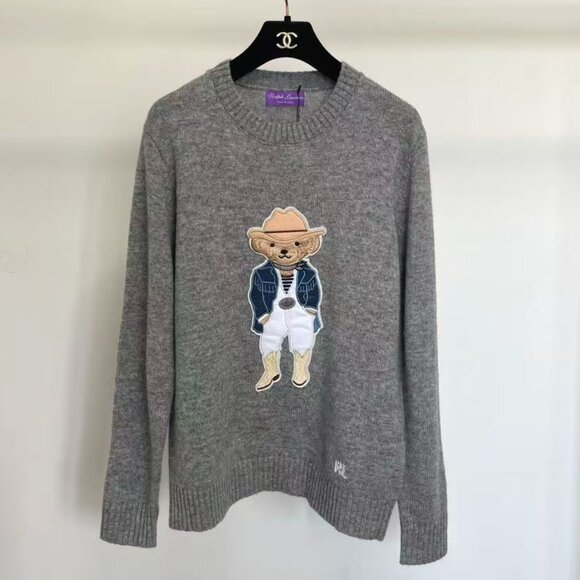 Polo Ralph Lauren Western Cowboy Bear Grey Women's Sweater - Picture 1 of 7